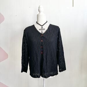 Vintage Black‎ Lace Cardigan Sweater Y2K Gothic Whimsigoth Fairy Grunge Large